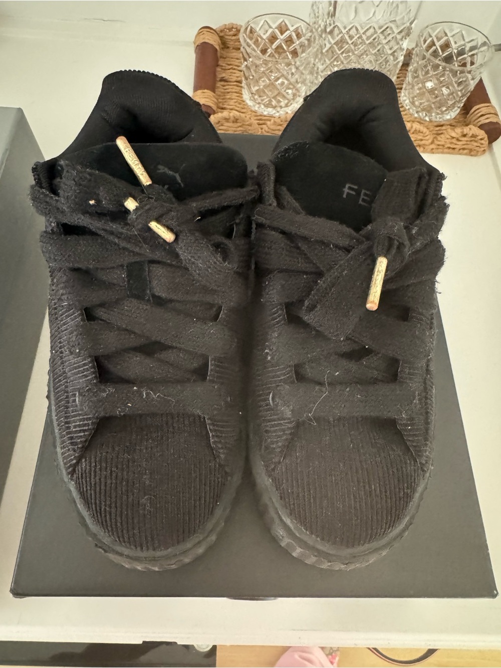 Puma Kids Black Corduroy Low-Top Sneakers with Gold Aglets